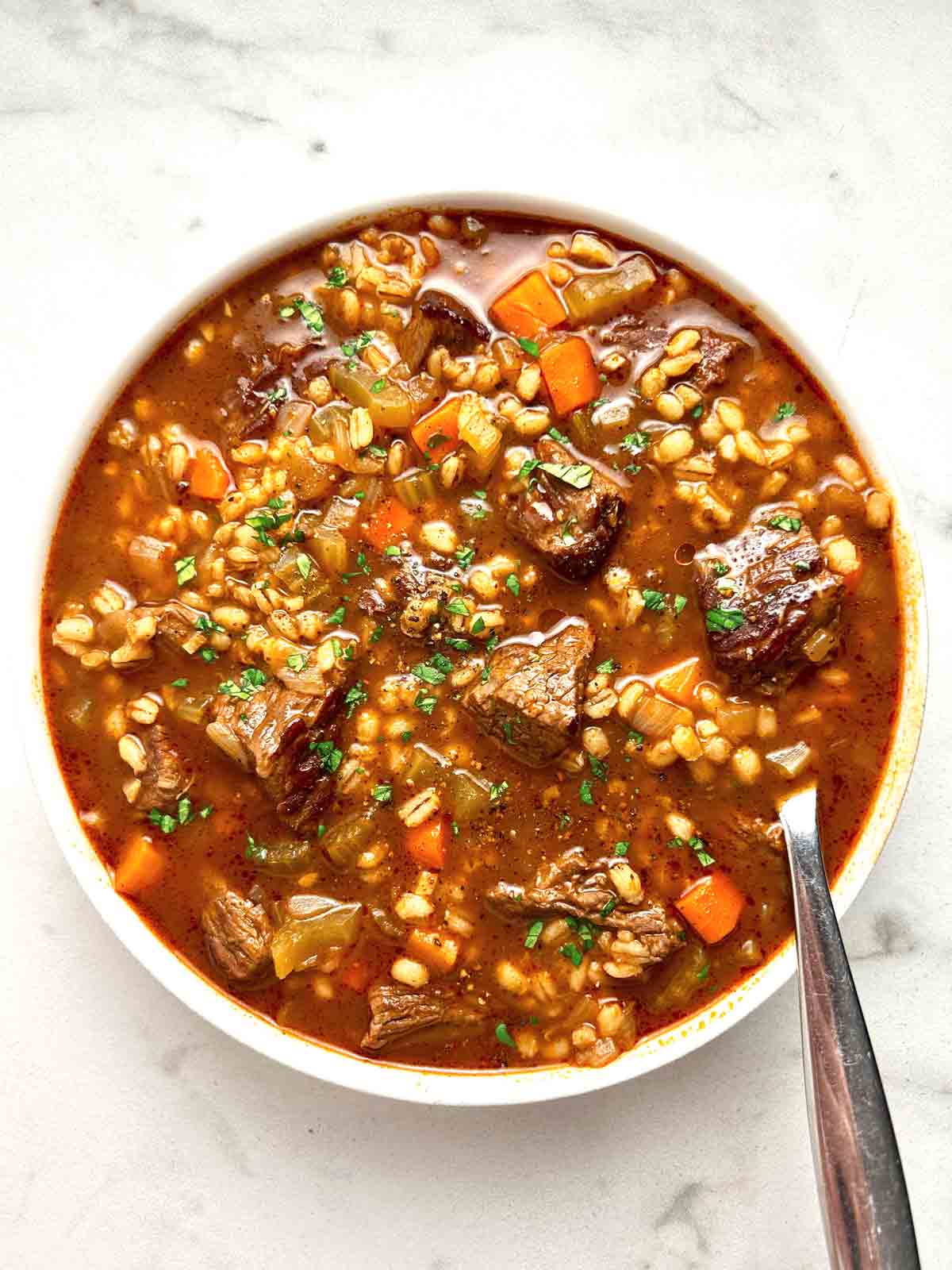 bowl of beef barley soup.