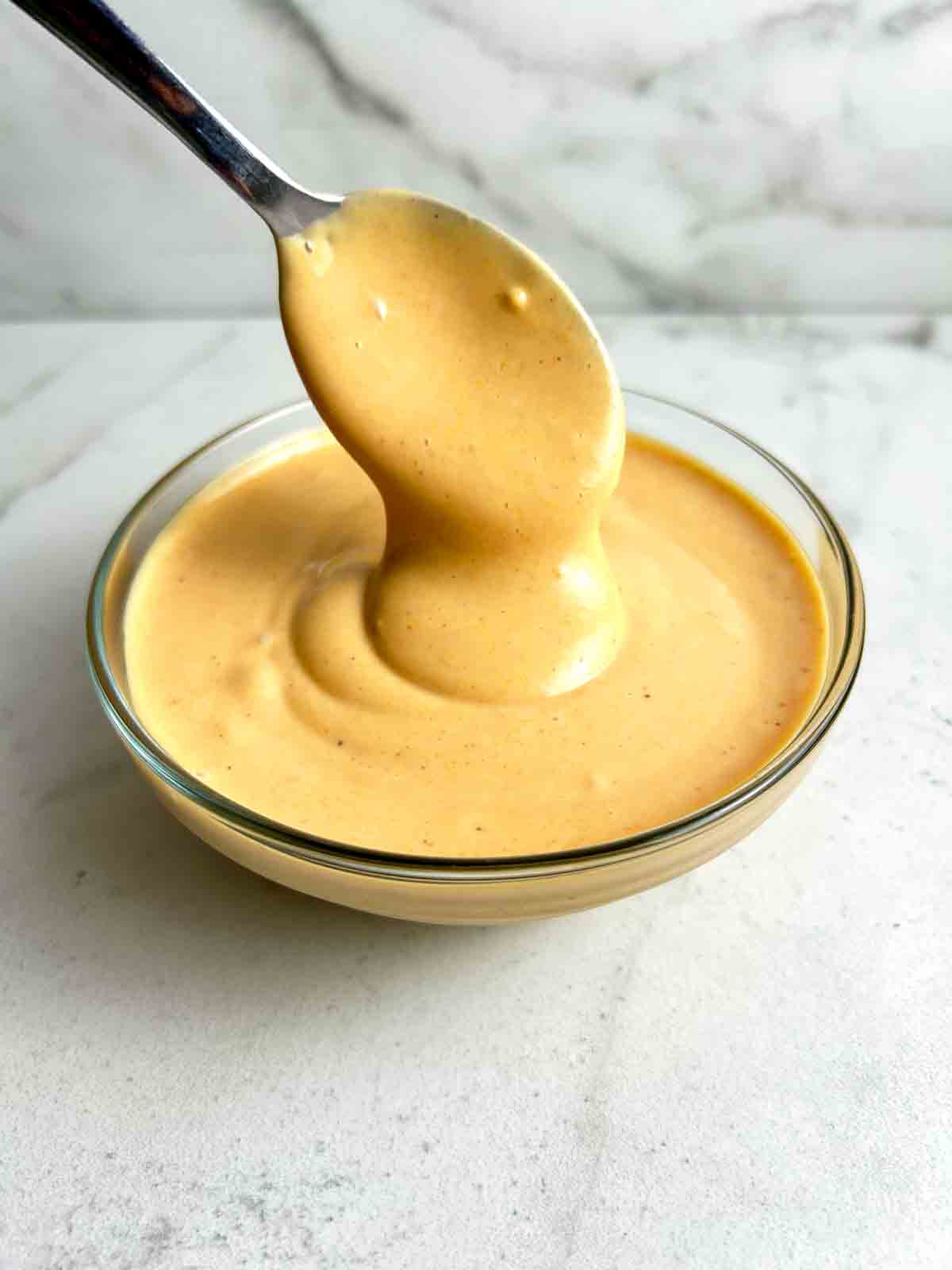spoon lifting sauce out of bowl.