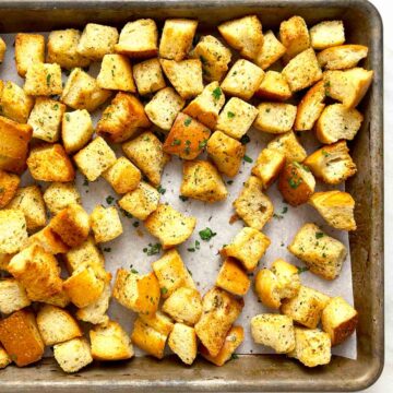 close up of golden brown croutons.
