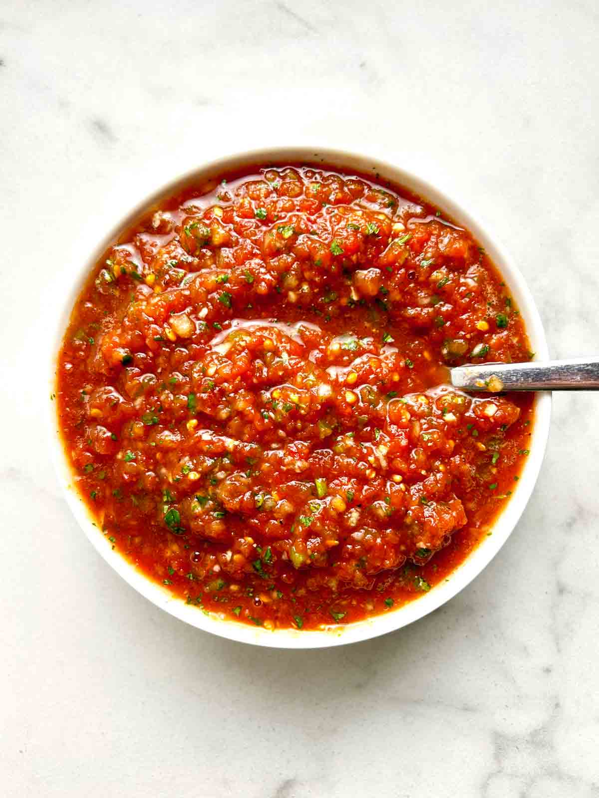 close up of salsa in bowl.