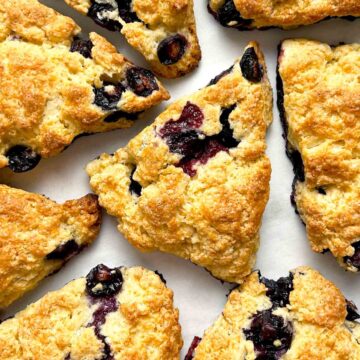 close up of blueberry scones on parchment paper.