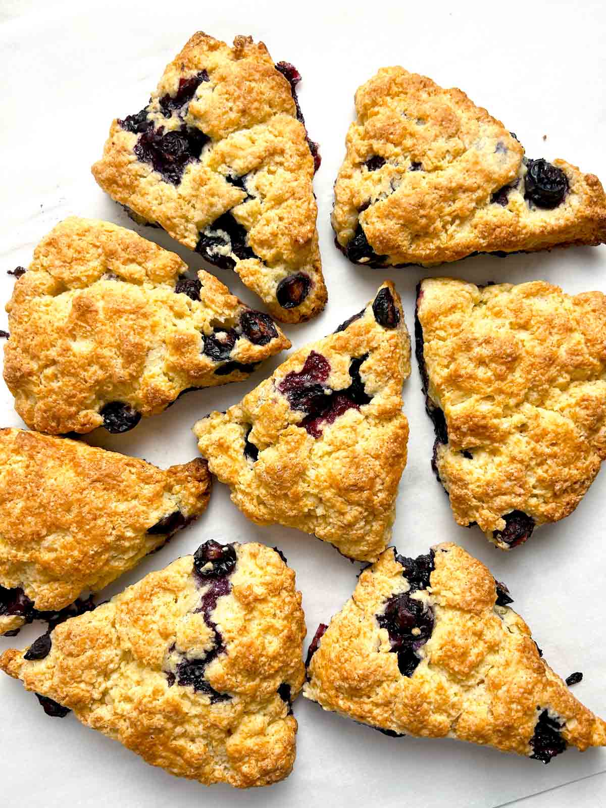 close up of blueberry scones on parchment paper.