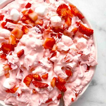 close up of strawberry fluff in bowl.