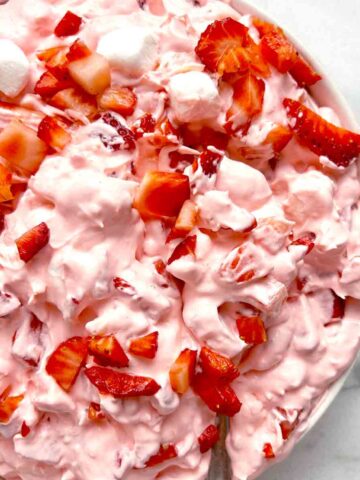 close up of strawberry fluff in bowl.