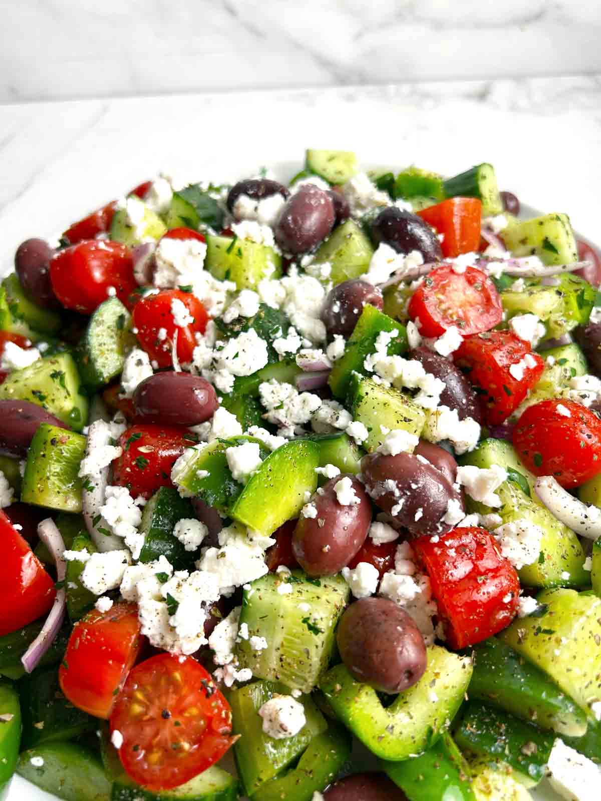 close up of Greek salad in bowl.