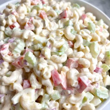 close up of macaroni salad in bowl.