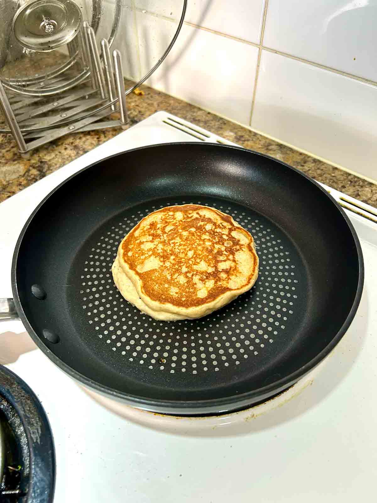 pancake in pan after flipping.