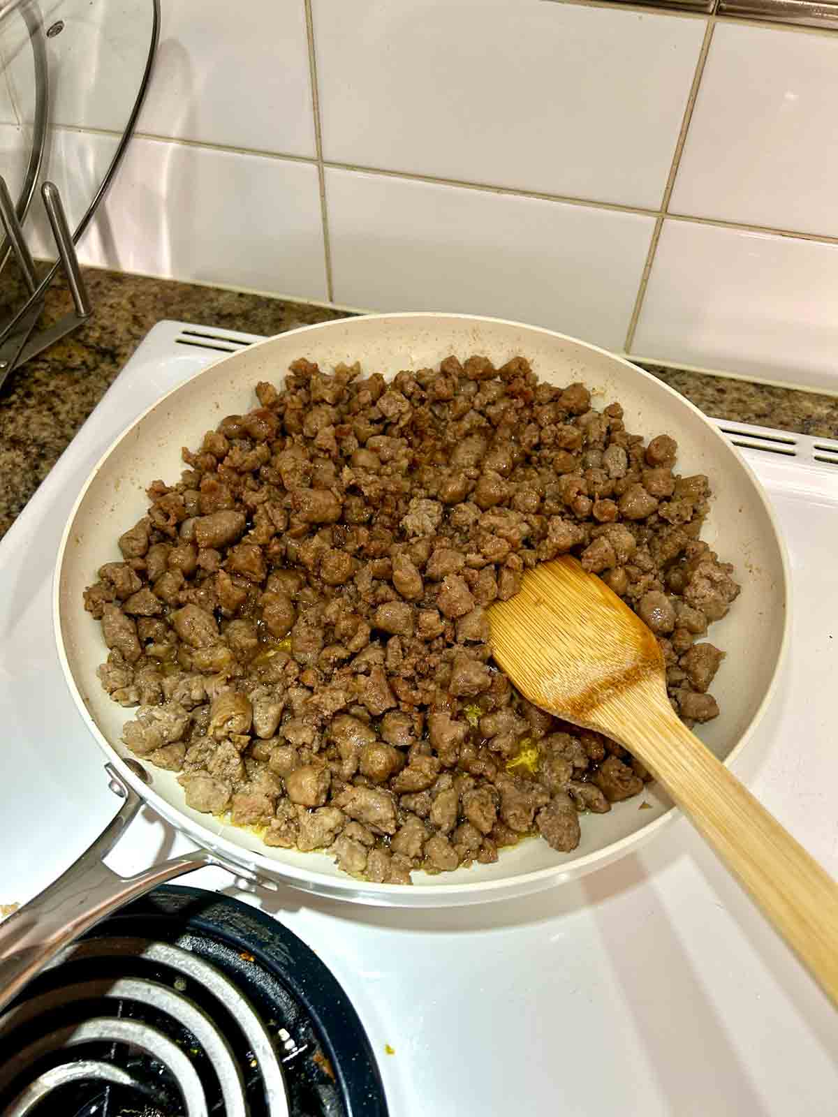 breakfast sausages browned and crumbled in skillet.