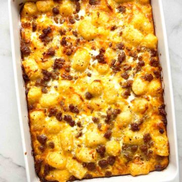 overhead shot of tater tot sausage breakfast casserole.