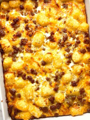 overhead shot of tater tot sausage breakfast casserole.