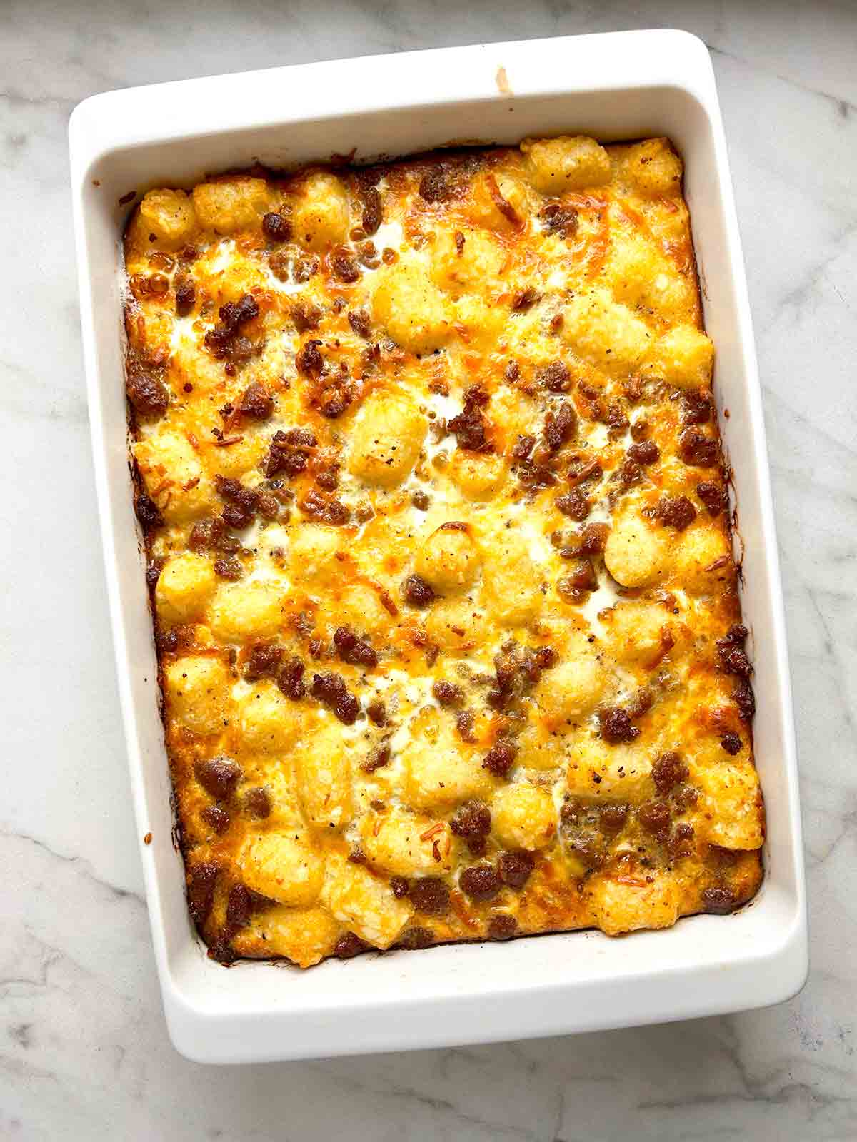 overhead shot of tater tot sausage breakfast casserole.