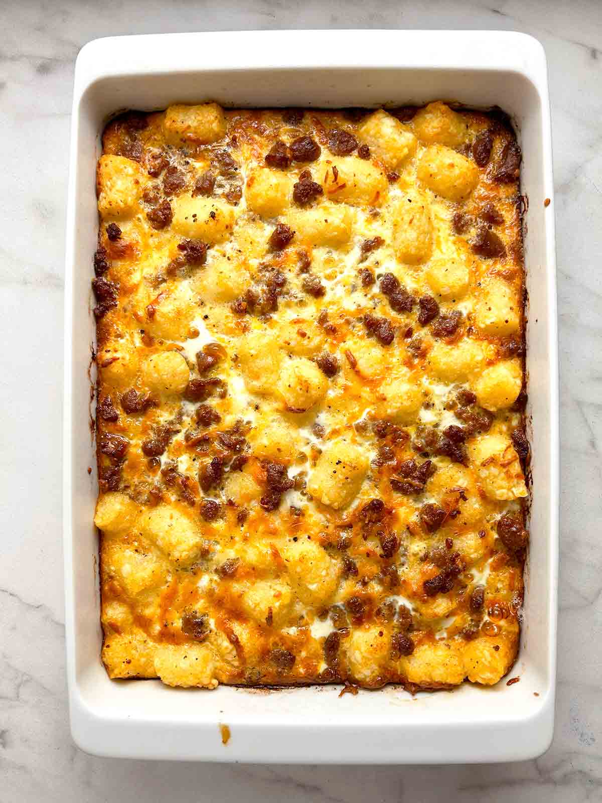 overhead shot of tater tot sausage breakfast casserole.