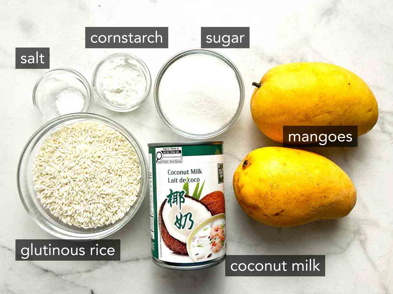 ingredients for mango sticky rice.