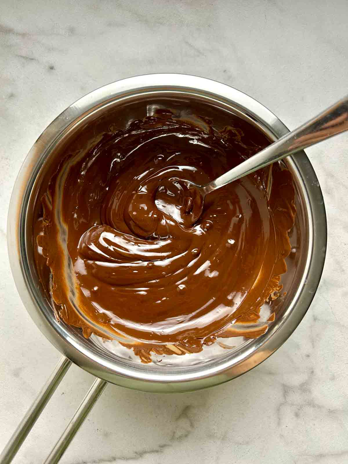 melted chocolate in double boiler.